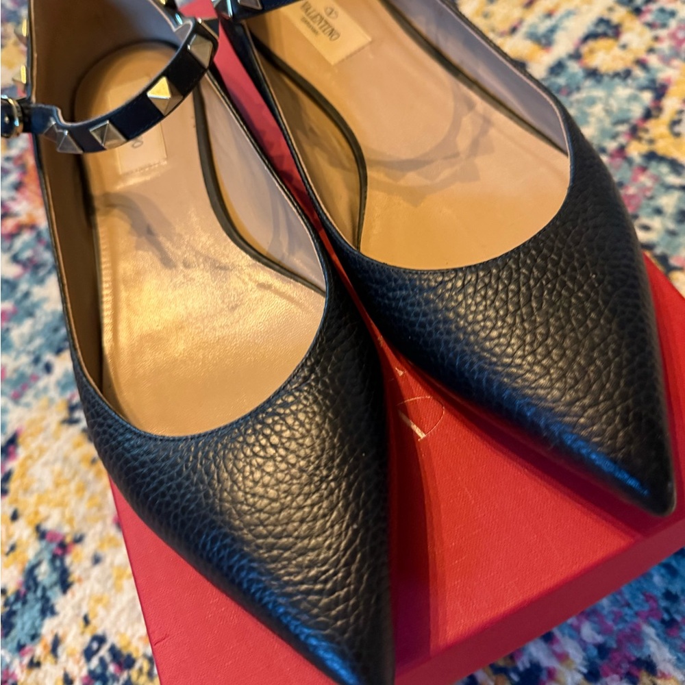Valentino Black Textured Leather Studded Flats